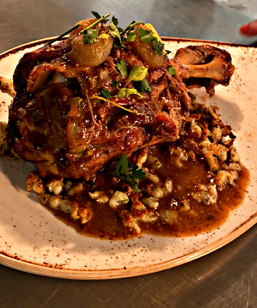 Braised pork shank in pan gravy, by Chef Morris