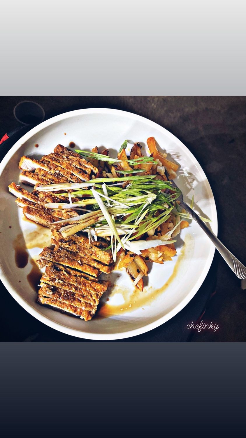 Crispy pork katsu with scallions and pan sauce