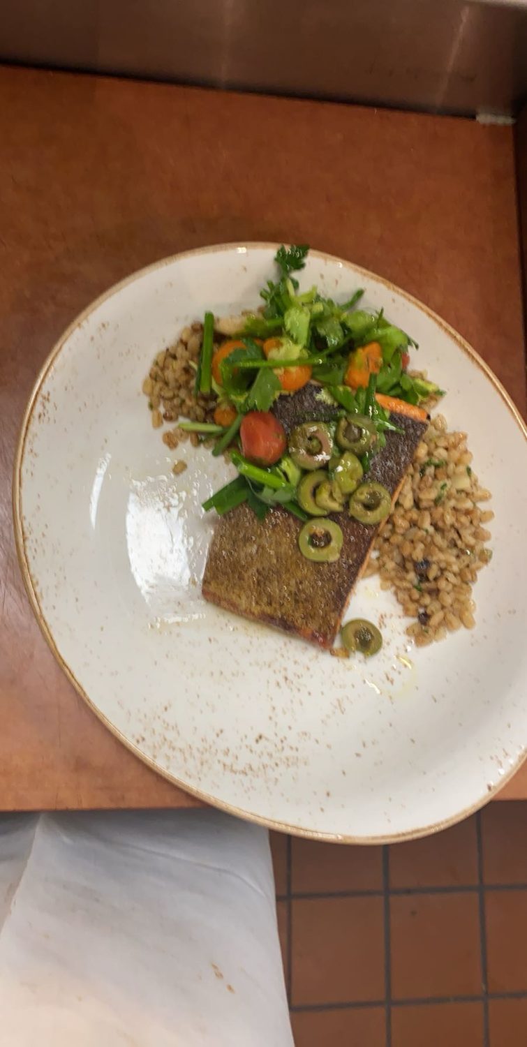 Crispy-skin salmon with farro and castelvetrano olives