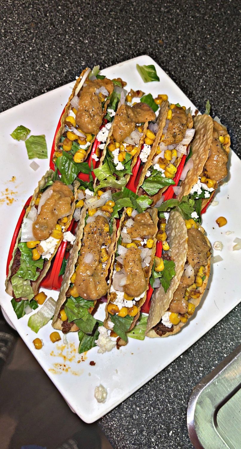 Crispy tacos with charred corn and salsa verde